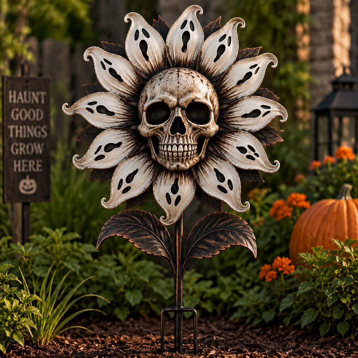 💀🌻Halloween Skull Ghost Sunflower Garden Stake